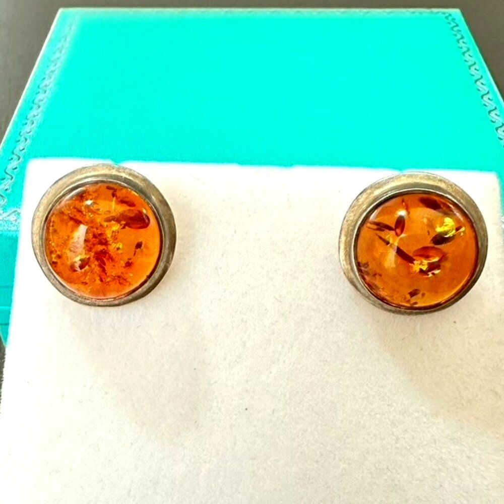 Vintage Amber Sterling Silver Round Circle Dome Stud Earrings.